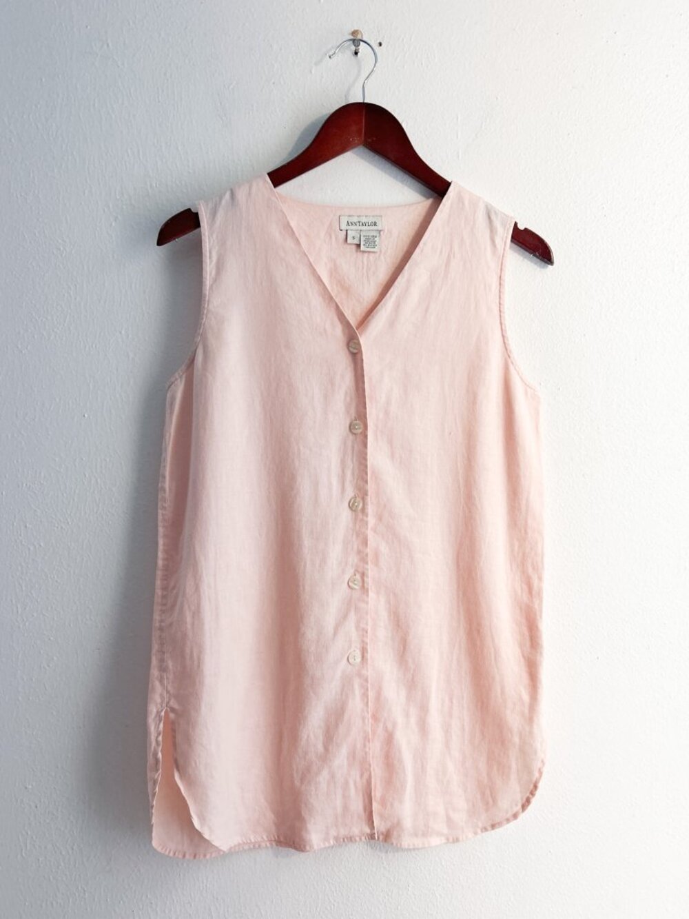 VINTAGE 90s Ann Taylor 100% Linen Baby Soft Pink Sleeveles Button Down Shirt S